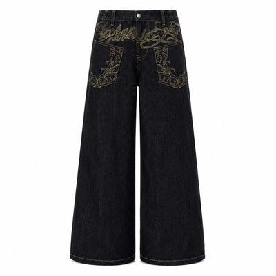 Oversized Embroidered Wide Leg Denim Jeans