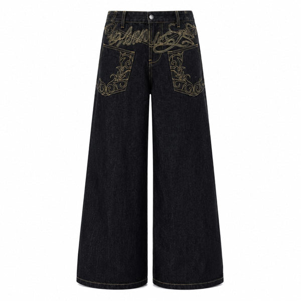 Oversized Embroidered Wide Leg Denim Jeans