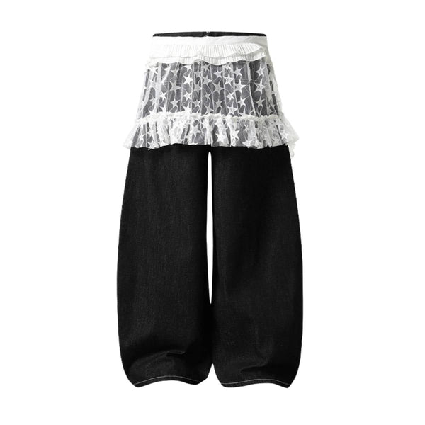 Y2K Star Mesh Layered Spliced Lace Baggy Wide-Leg Jeans