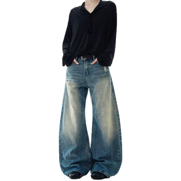 Bleached Fade Curved Leg Baggy Denim Jeans