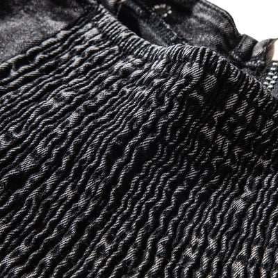 Front-Zip Smocked Denim Mini Dress