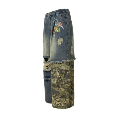 Smoke Rise Camouflage Patchwork Ripped Jeans