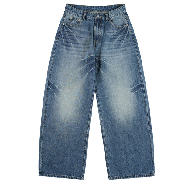 Faded Crackle Wash Baggy Curved Leg Denim Jeans