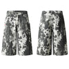 Washed Ink Dye Cow Print Cargo Pocket Relaxed Wide-Leg Bermuda Denim Shorts