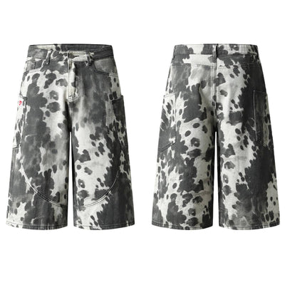 Washed Ink Dye Cow Print Cargo Pocket Relaxed Wide-Leg Bermuda Denim Shorts