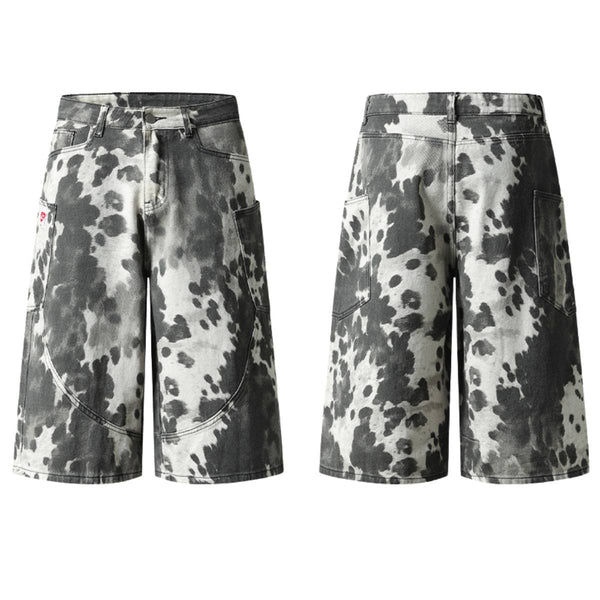 Washed Ink Dye Cow Print Cargo Pocket Relaxed Wide-Leg Bermuda Denim Shorts