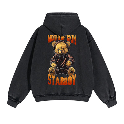 Starboy Bear Graphic Double Slider Zip Hoodie-INNBLAC
