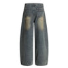 Men's Curved Denim Pants Wide Leg Distressed Paint Splatter Holes