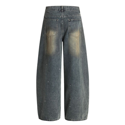 Men's Curved Denim Pants Wide Leg Distressed Paint Splatter Holes