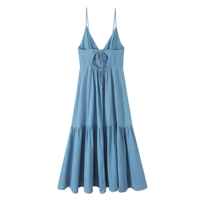 Lace-Up Denim Tiered Hem Slip Midi Dress