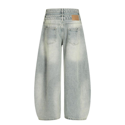 Men's Two-Tone Double Waist Denim Pants Washed Distressed Punk