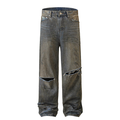 Wrinkle Wash Heavy Ripped Denim Pants