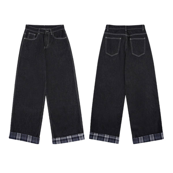 Contrast Stitch Black Wide-Leg Jeans