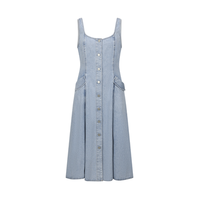 Light Wash Button Front Denim Midi Dress