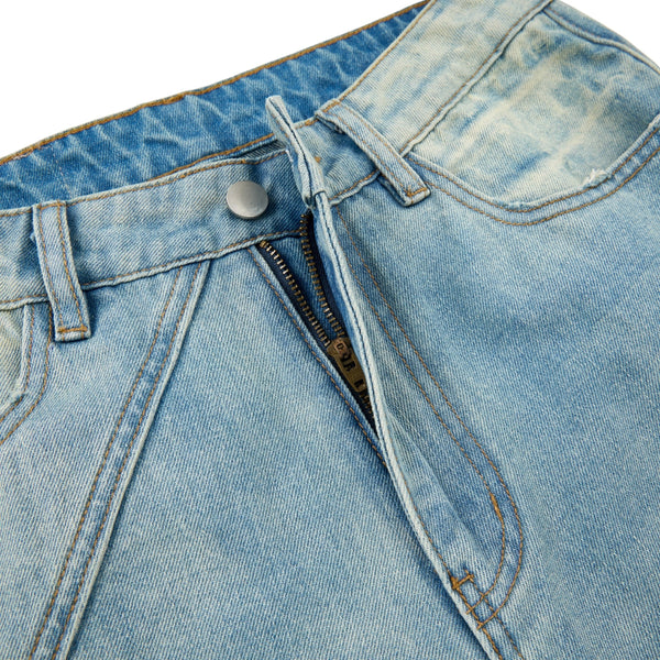 Retro Distressed Washed Baggy Patchwork Zip-Detail Relaxed Straight Fit Denim Jeans