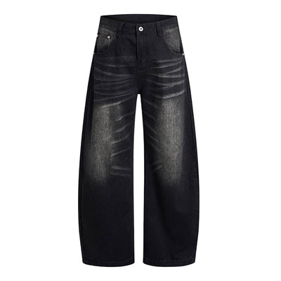 Vintage Whiskered Gradient Washed High Waist Barrel Wide Leg Denim Jeans