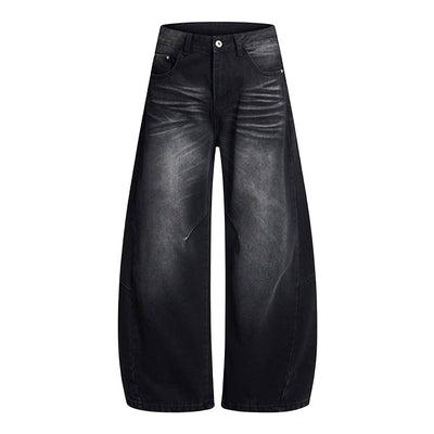 Vintage Washed Curved Loose Wide-Leg Jeans