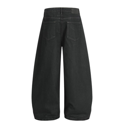 Men's Distressed Washed Denim Curved Pants Loose Wide Leg Street