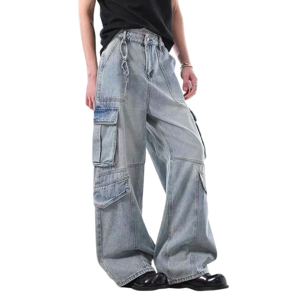 Vintage Wash Multi-Pocket Cargo Straight Leg Denim Jeans
