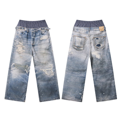 West Coast Double Waist Denim Texture Wide Leg Pants