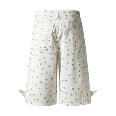 Washed Star Print Wing Detail Relaxed Wide-Leg Cropped Denim Pants