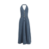 Button Front Halter Neck Denim Midi Dress