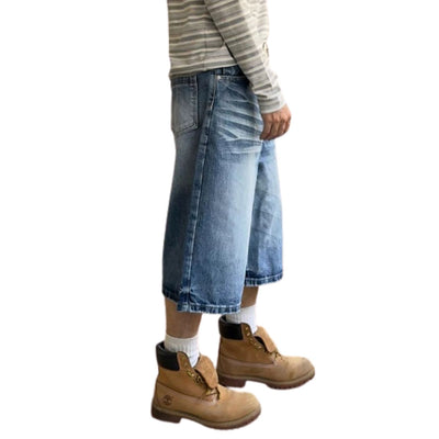 Stretch Whiskered Wide Leg Denim Shorts