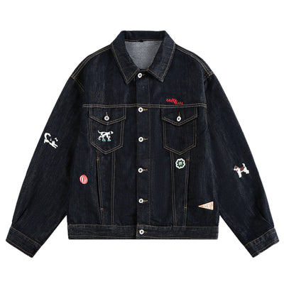 Unisex Loose Lazy Style Retro Cute Animal Embroidered Lapel Washed Denim Jacket
