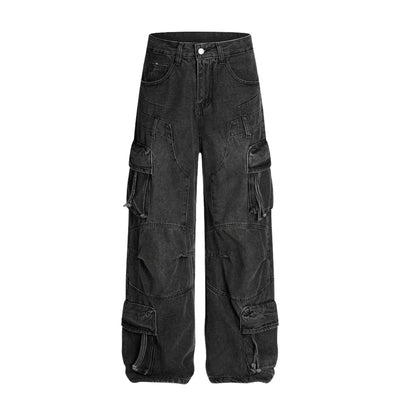 Men's Distressed Washed Denim Cargo Pants Wide Leg Unique Structured
