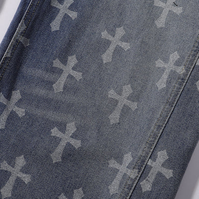 Cross Print Wide Leg Denim Jeans