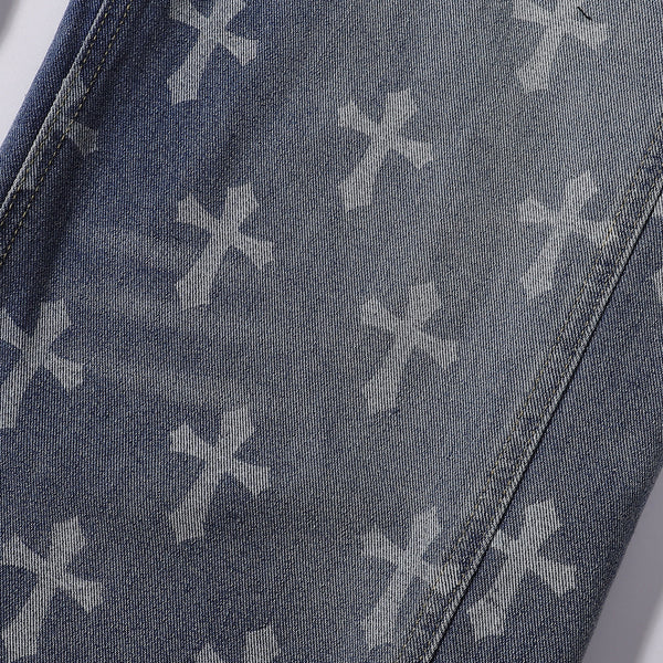 Cross Print Wide Leg Denim Jeans