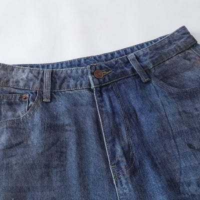 Faded Wash Distressed Baggy Frayed-Hem Jeans