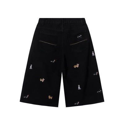 Dog Embroidery Design Vintage Washed Denim Shorts