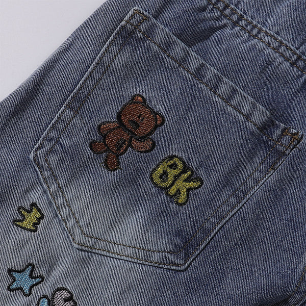 Embroidered Blue Wide Leg Distressed Denim Jeans