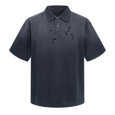 Retro Distressed Cotton Vintage Wash Polo T-Shirt