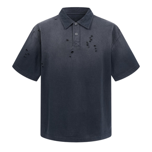 Retro Distressed Cotton Vintage Wash Polo T-Shirt