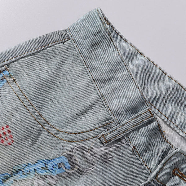 Vintage Digital Print Faux Denim Jeans