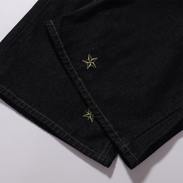 Celestial Star Embroidery Faded Wide Leg Jeans