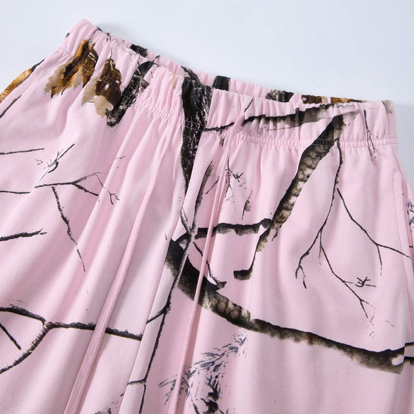 Elastic Waist Casual Pink Camo Branch Print Shorts