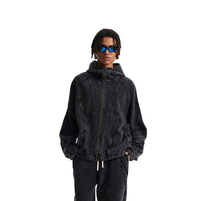 Vintage Washed Oversized Curved Stitch Zip Hoodie