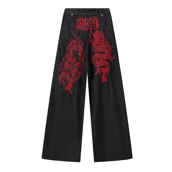 Shibuya Dragon Embroidered Wide Leg Jeans