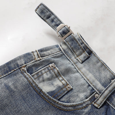 Adjustable Side Strap Distressed High Waist Shorts