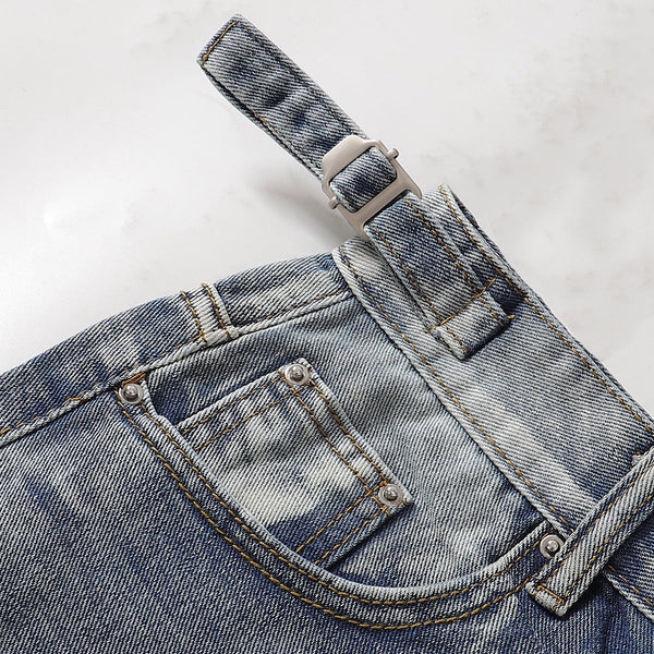 Adjustable Side Strap Distressed High Waist Shorts