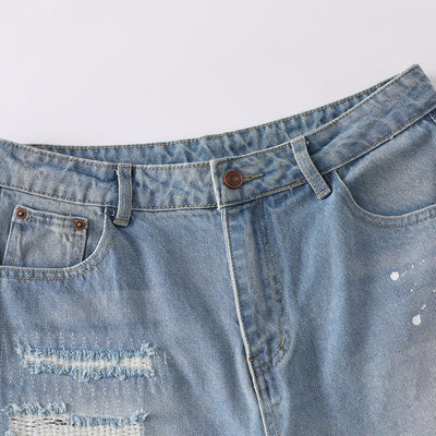 Light Blue Ripped Wide-Leg Jeans