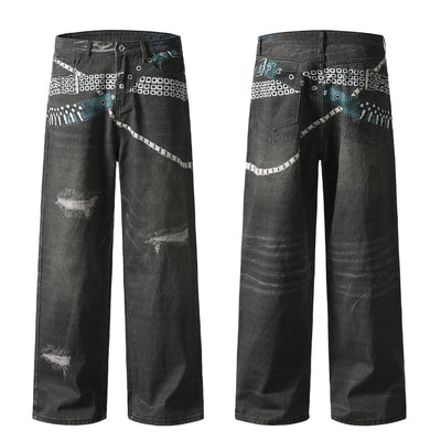 Vintage Washed Black Wide-Leg Printed Jeans
