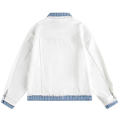 Unisex Retro Blue Petite Loose Plaid Collar Denim Jacket