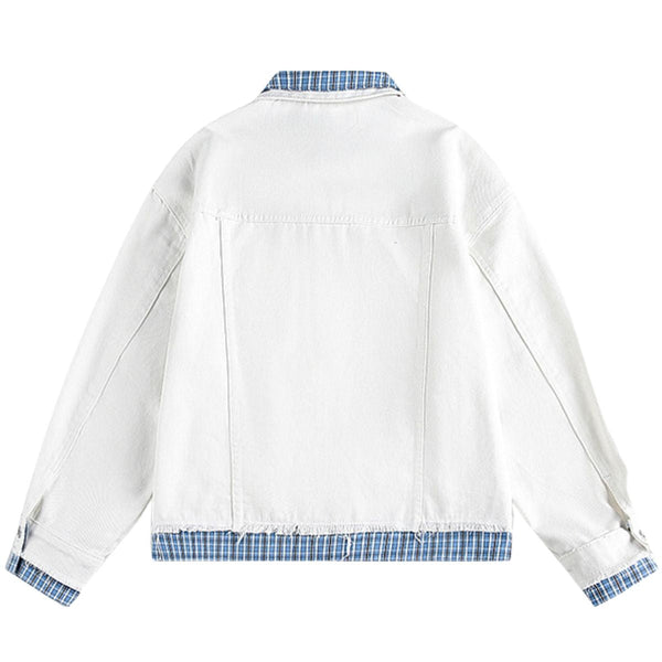 Unisex Retro Blue Petite Loose Plaid Collar Denim Jacket