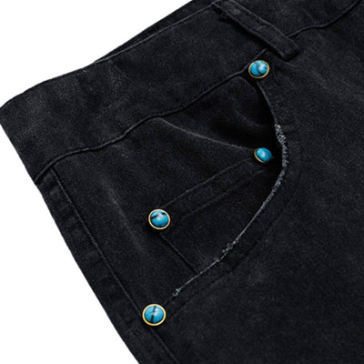 Acid Washed Turquoise Stud Loose Fit Wide Leg Jeans