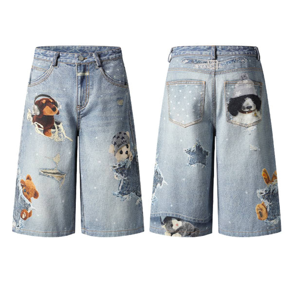 Washed Vintage Star Print Dog Distressed Relaxed Wide-Leg Bermuda Shorts