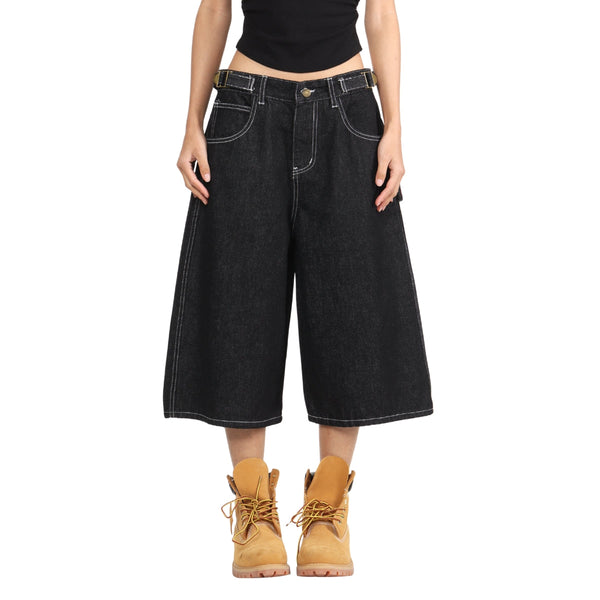 Retro Raw Denim Wide-Leg Bermuda Shorts